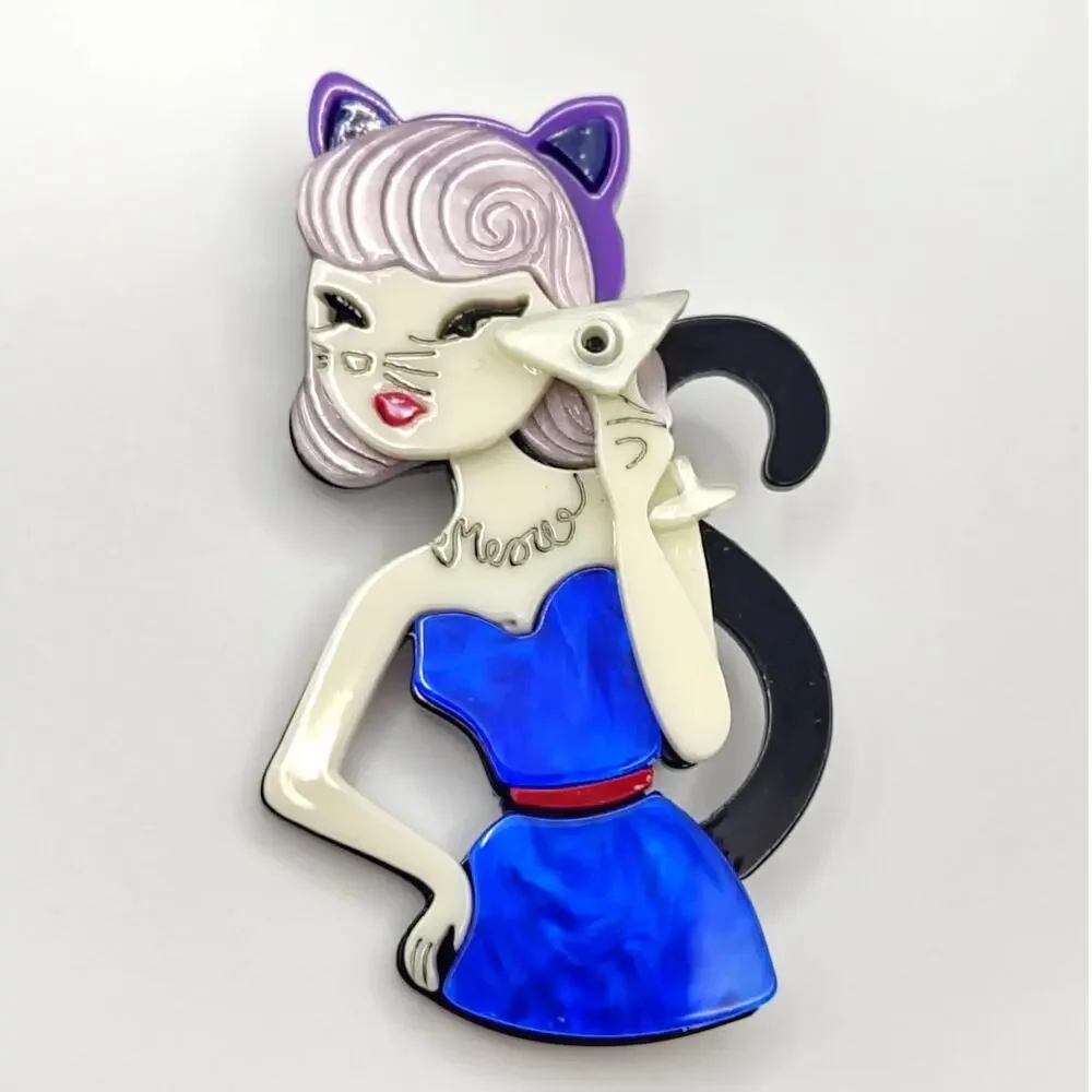 Woman with Cocktail in Cat Costume Acrylic Brooch Boho Halloween Fun